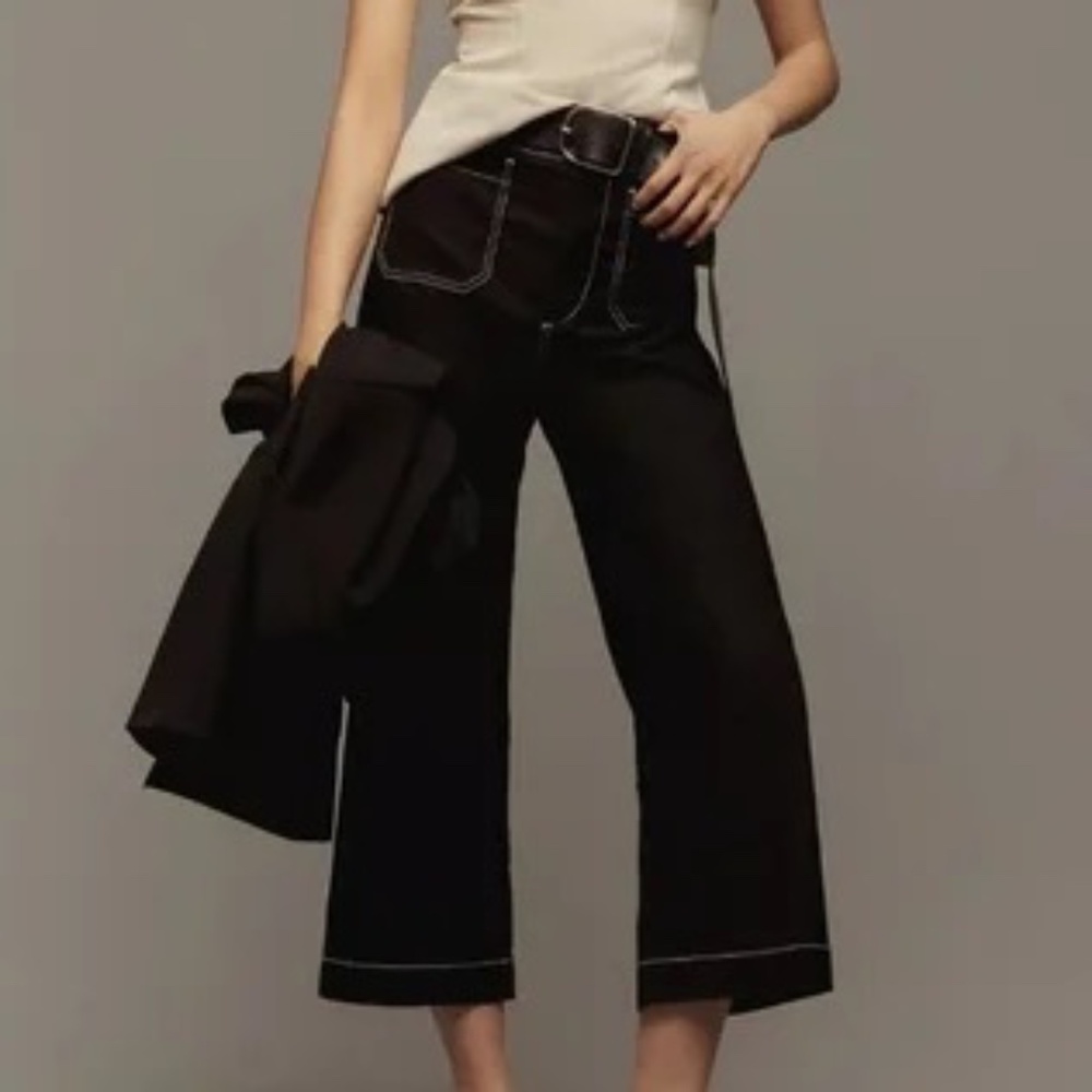 Maeve Anthropologie Black Colette Wide Leg Pants With White Stitching Size 31